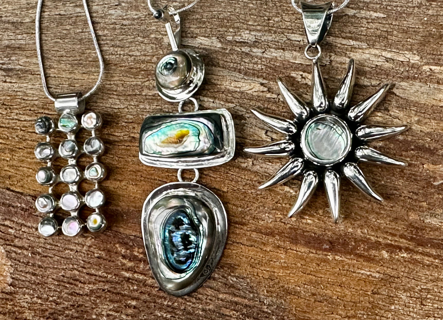 N0894 Abalone Sunburst Sterling Necklace (18” + 2.25” pendant)
