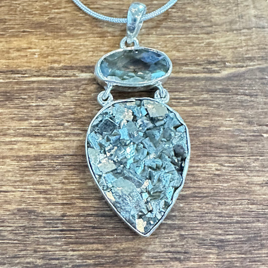 Green Amethyst Pyrite Pendant Necklace 2”