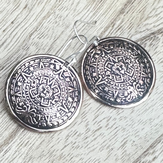 Mexico Aztec Mayan Copper Earrings 1.75”