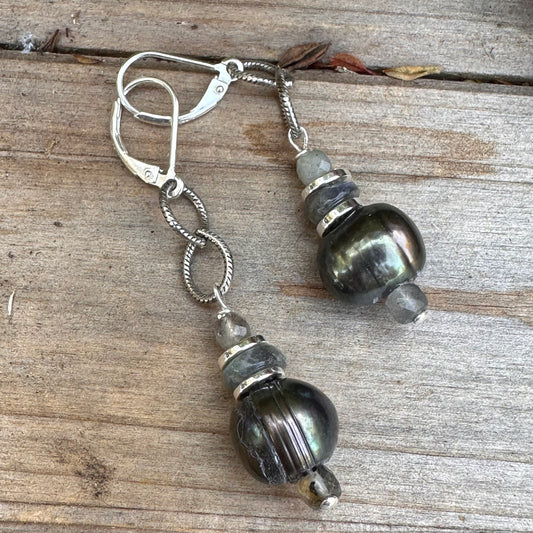 E0672   Pearl Labradorite Sterling Earrings