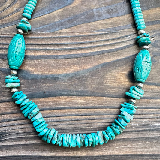 Carved Turquoise Navajo Pearl Statement Necklace  (22"-24")