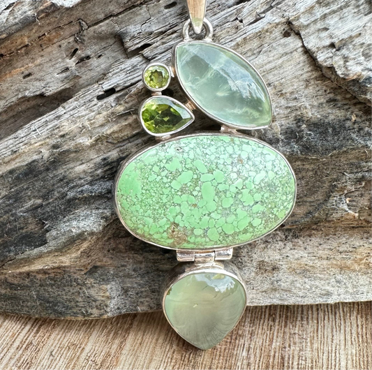 Gaspeite, Chalcedony Peridot Pendant 3” Necklace (18")