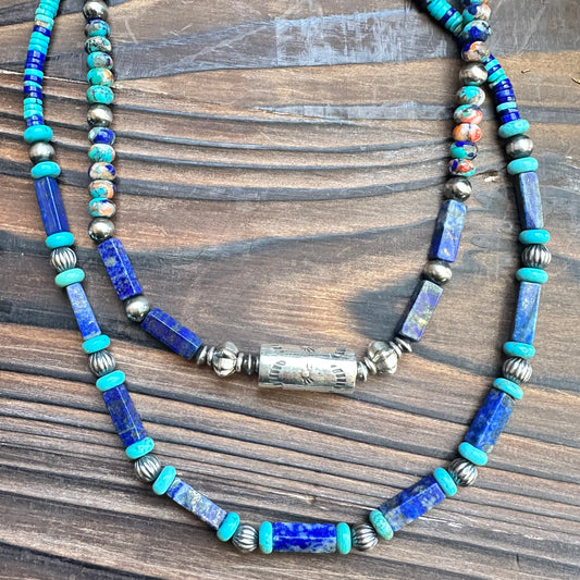 Spiny Oyster Turquoise Barrel Navajo Pearl Necklace (18"-20")