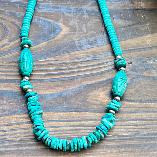 Carved Turquoise Navajo Pearl Statement Necklace  (22"-24")