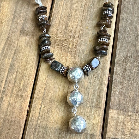 N0865  Bronzite Sterling Necklace (18”-20” + 2.3” drop)