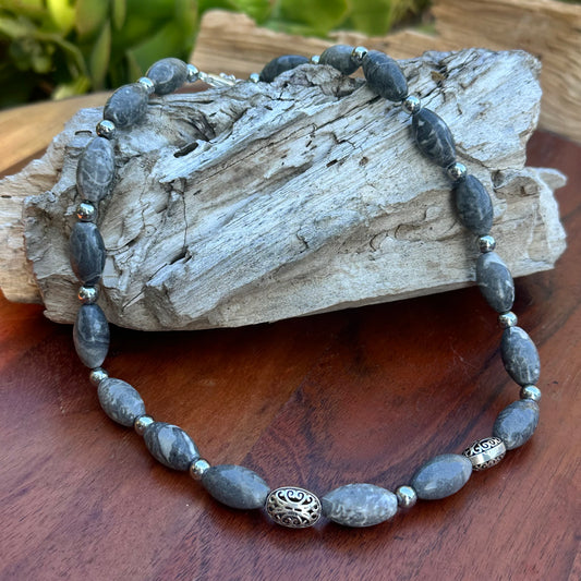 Gray Jasper Sterling Necklace with Earrings (18-20")