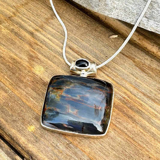 Pietersite With Onyx (1.3”) Sterling Silver Necklace (18")
