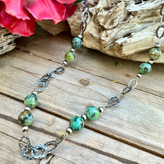 N0765 African Turquoise Navajo Pearls Necklace