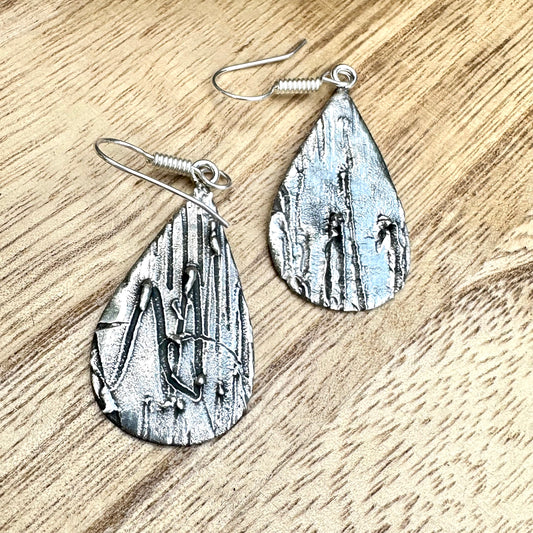 Taxco Textured Sterling Silver Teardrop Earrings 2.2”