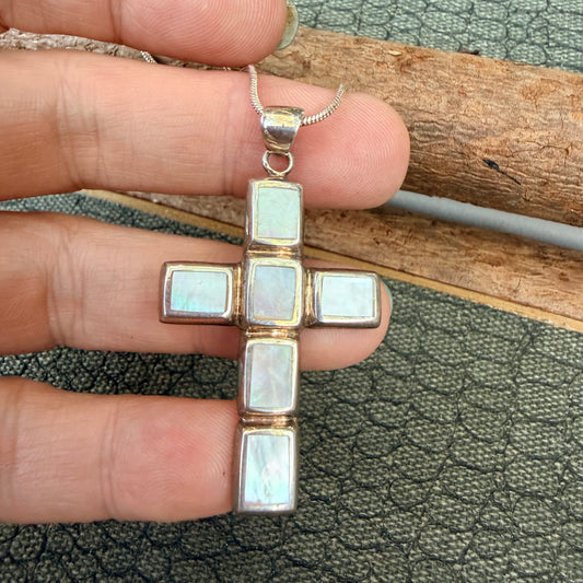 Sale - 1.9" Mother of Pearl Sterling Silver Cross Pendant on 18" Sterling Silver Chain