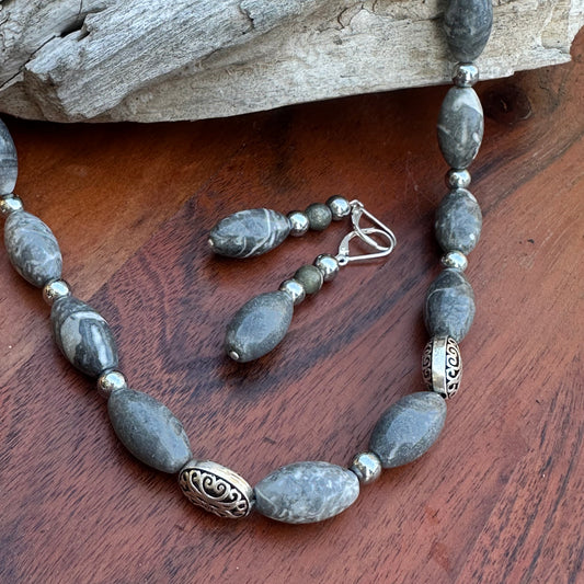 Gray Jasper Sterling Necklace with Earrings (18-20")