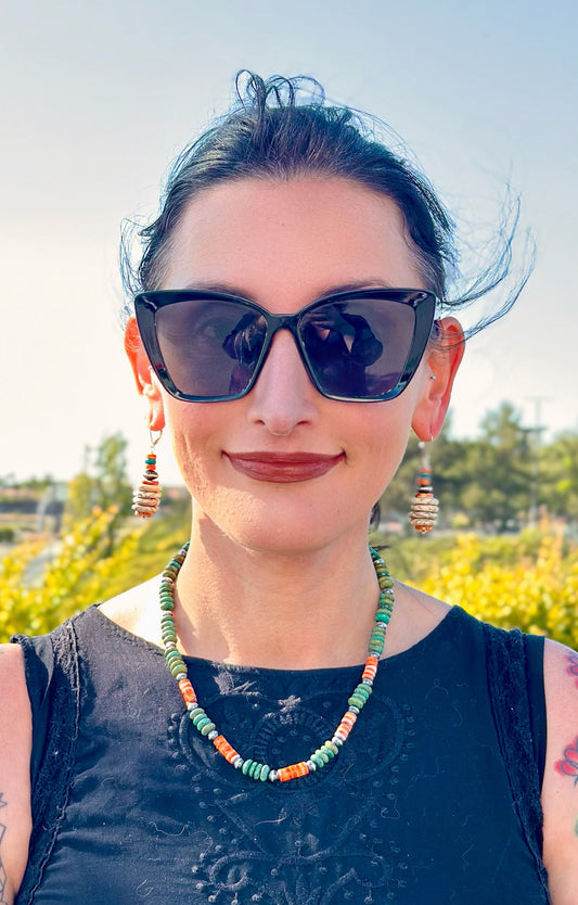 N0818   Navajo Pearl Turquoise Spiny Oyster Oxidized Necklace (18”-20”)