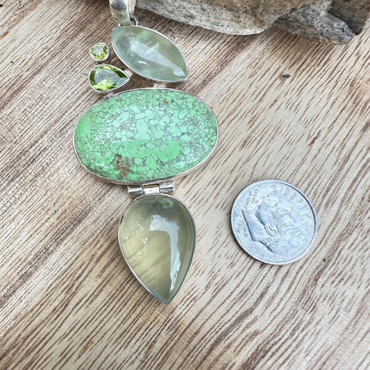 Gaspeite, Chalcedony Peridot Pendant 3” Necklace (18")