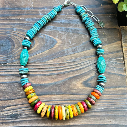 Summer Carved Turquoise Navajo Pearl Necklace (20"-22")
