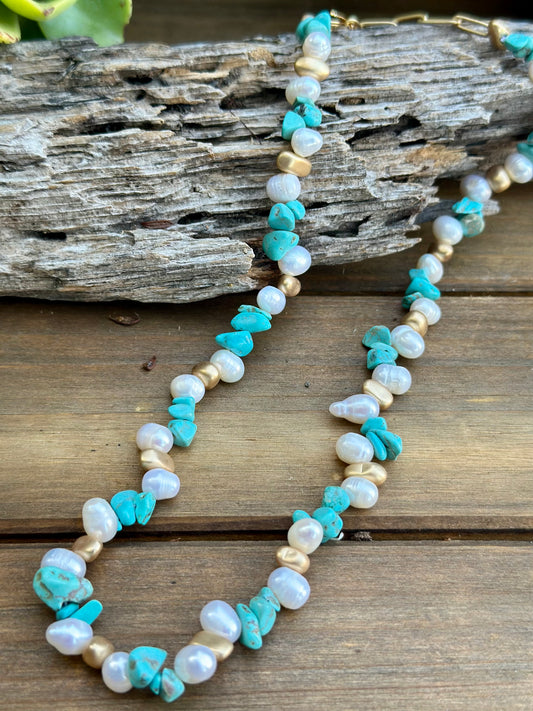 N0826   Pearl Turquoise Gold Sterling Necklace (17”-19”)