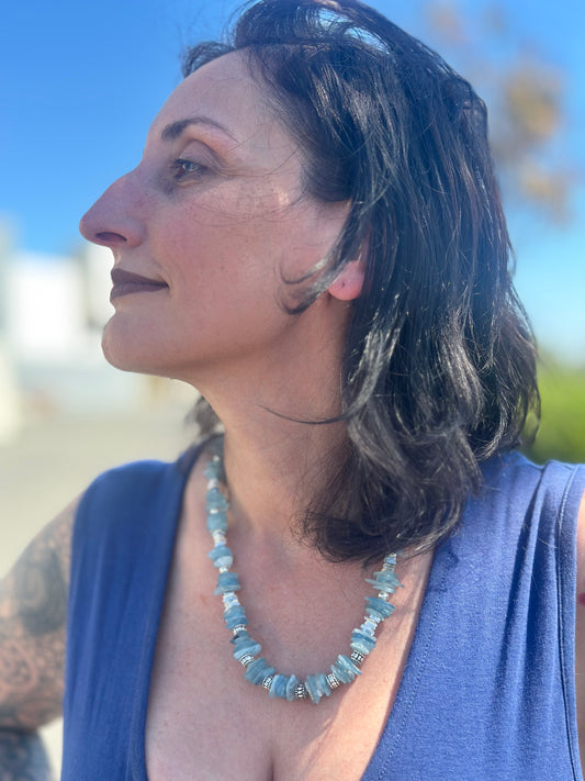 Aquamarine Flourite Statement Necklace  (20"-22")