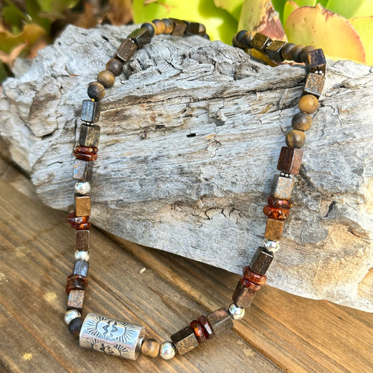 Bronzite Tiger Eye Amber Navajo Pearl Barrel Necklace (18"-20")
