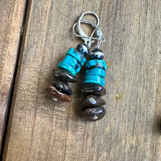 E0713 Bronzite Turquoise Earrings 1.8”