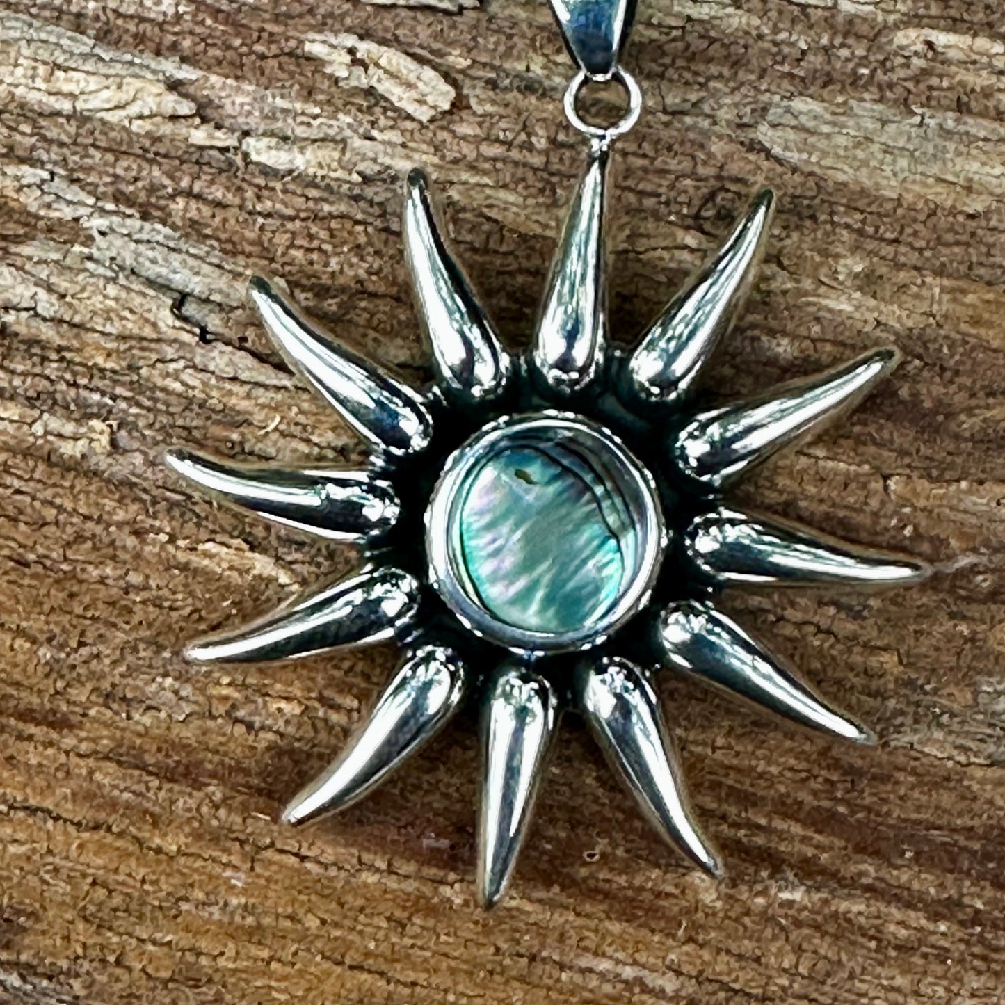 N0894 Abalone Sunburst Sterling Necklace (18” + 2.25” pendant)