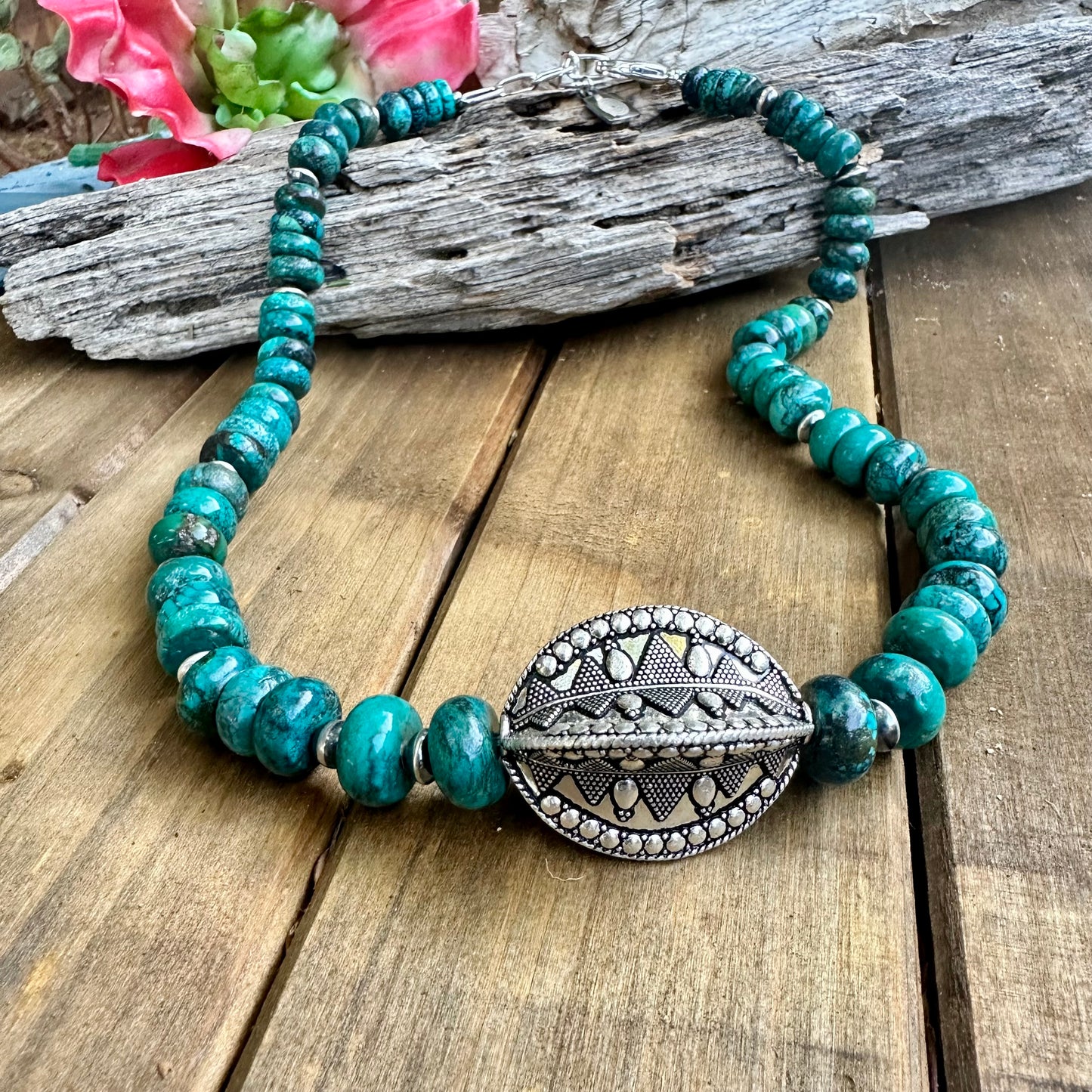 N0866 Turquoise Navajo Pearl Sterling Necklace (20”-22”)