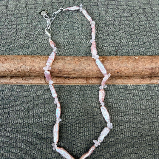 Sale - 18"-20" Rose Quartz Pearl Sterling Silver Necklace