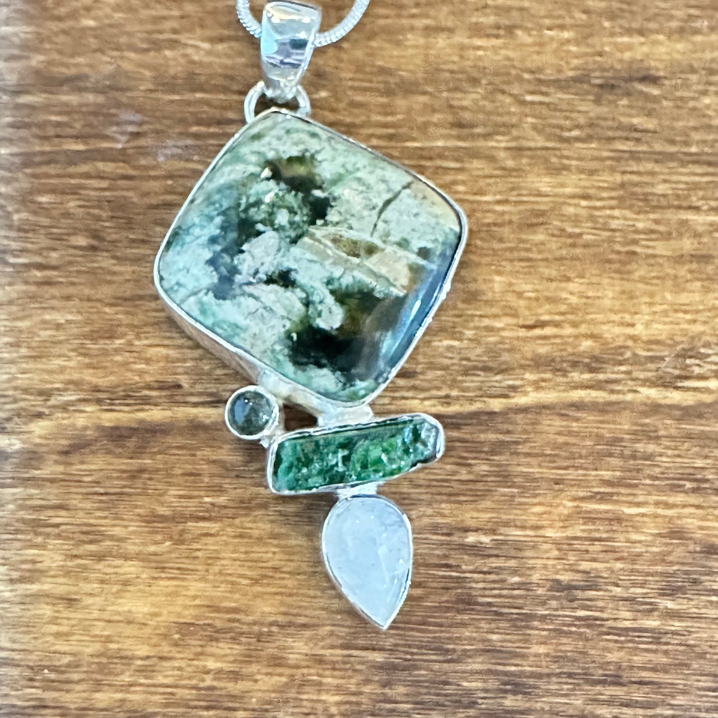 Green Amethyst Variscite Moonstone  Kyanite Pendant Necklace 2”