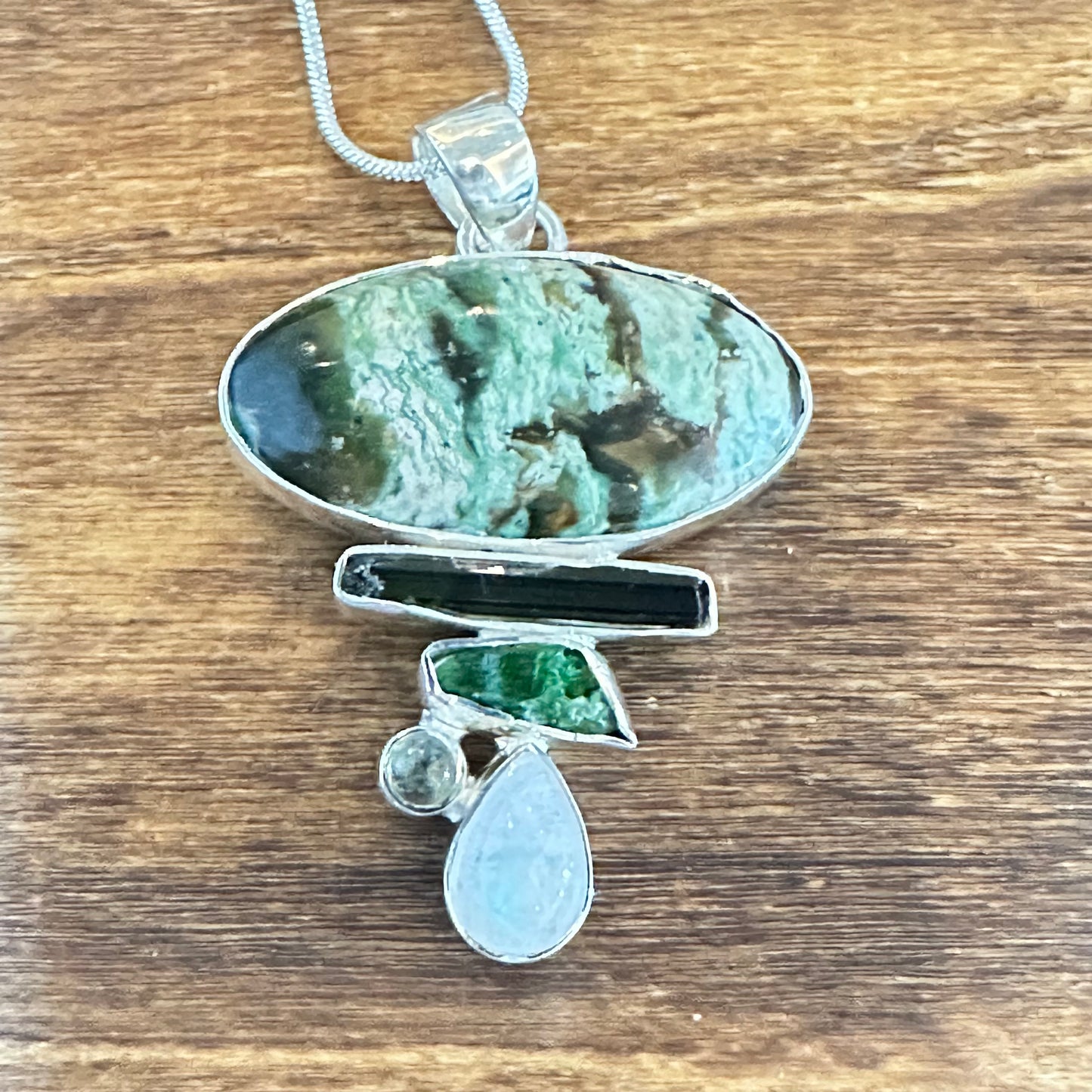 Green Amethyst Variscite Moonstone  Kyanite Pendant Necklace 2”