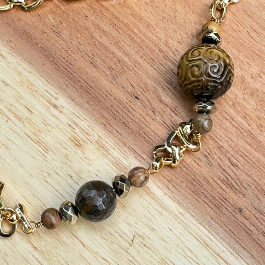 Gold Carved Tiger Eye Necklace 26”