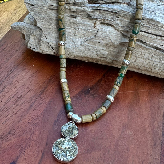 Pyrite Pendant Jasper Sterling Necklace (18-20")