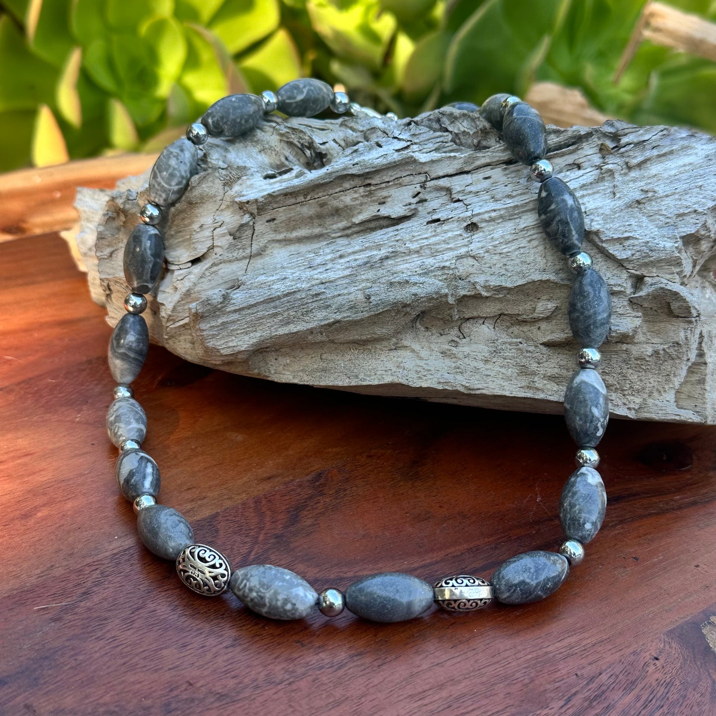 Gray Jasper Sterling Necklace with Earrings (18-20")