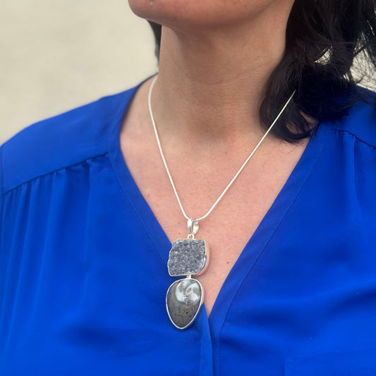 Colossus Fossil Stone Druzy (3”) Necklace (18")