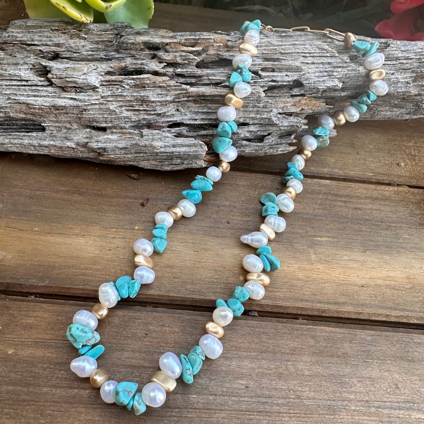 N0826 Pearl Turquoise Gold Sterling Necklace (17”-19”)