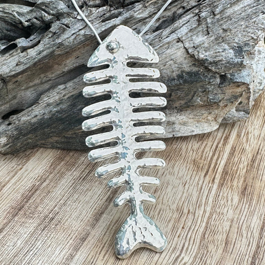 Taxco Large Sterling Silver Fish Pendant 4”Necklace (18")