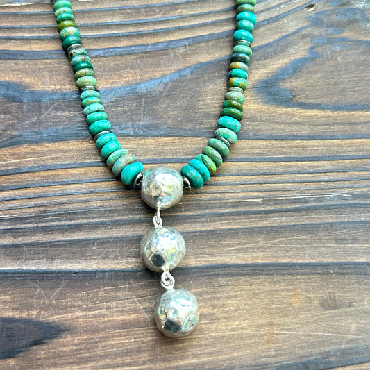 Turquoise Navajo Pearl Hammered Sterling Silver Necklace (18-20" with 3" drop)