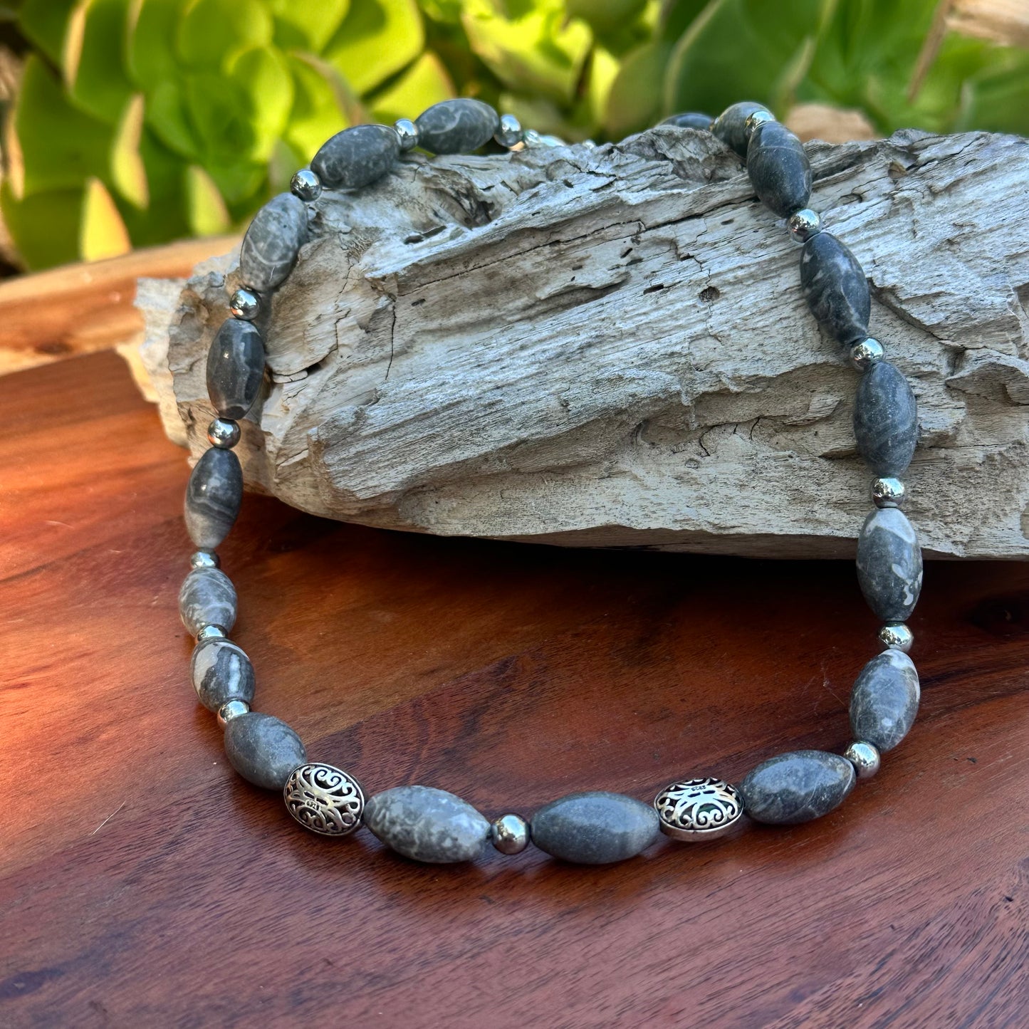 Gray Jasper Sterling Necklace with Earrings (18-20")