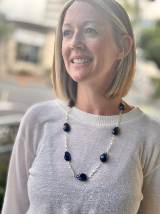 N0621.  Baroque Pearls Sterling Necklace (28”)