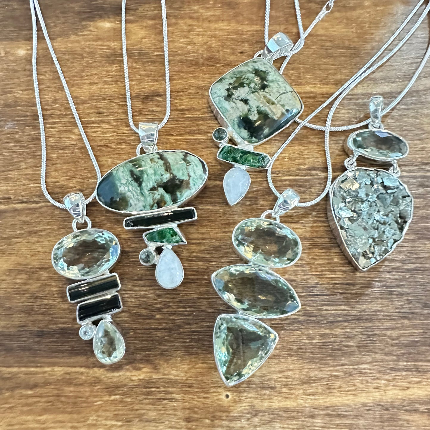 Green Amethyst Variscite Moonstone  Kyanite Pendant Necklace 2”