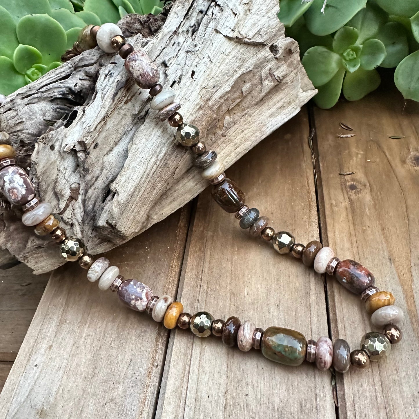 N0632 Dendrite Jasper Copper Hematite Stone Necklace (18”-20”)