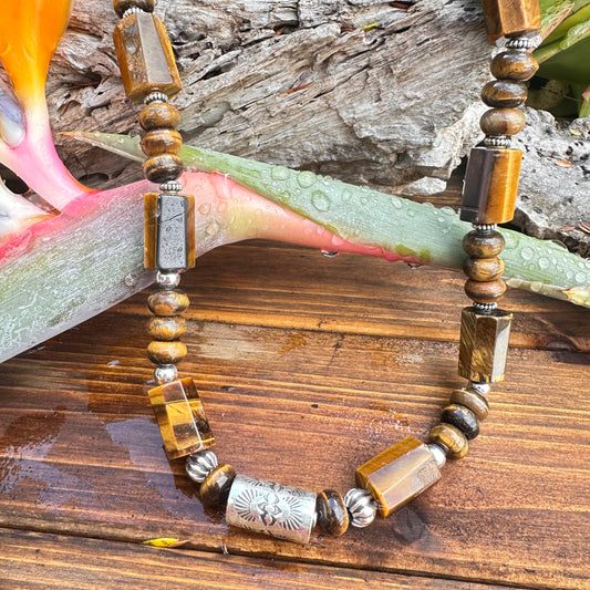 Tiger Eye Barrel Sterling Necklace (18”-20”)