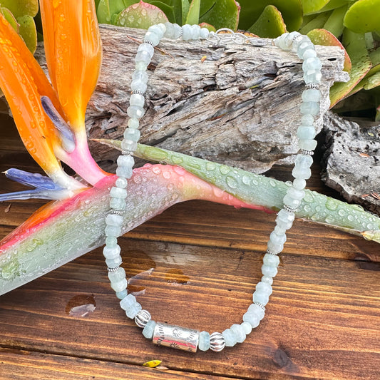 Aquamarine Sterling Barrel Necklace (18”-20”)