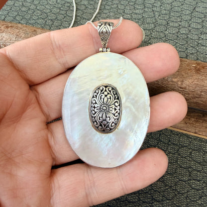 Sale - 2.4" Reversible Mother of Pearl/Coral Pearl Sterling Silver Pendant on 18" Sterling Silver Chain