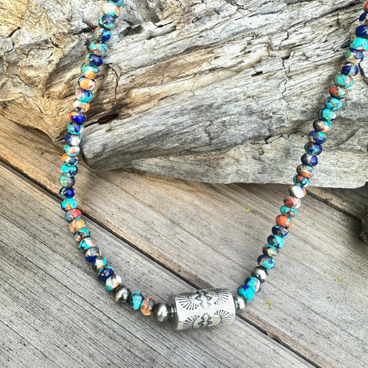 Turquoise Lapis Spiny Oyster Navajo Pearls Barrel Necklace (18”-20”)