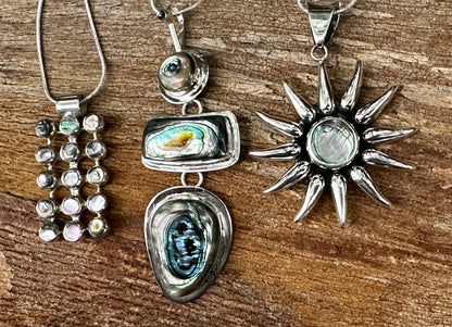 N0894 Abalone Sunburst  Sterling Necklace (18” + 2.25” pendant)