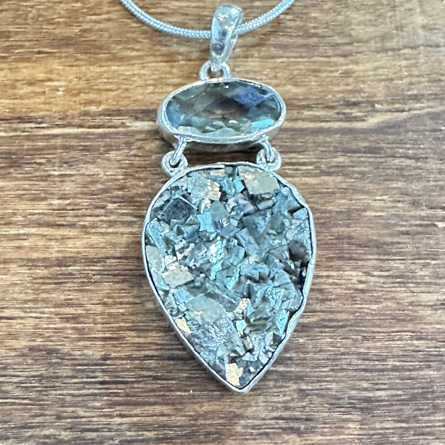 Green Amethyst Pyrite Pendant Necklace 2”
