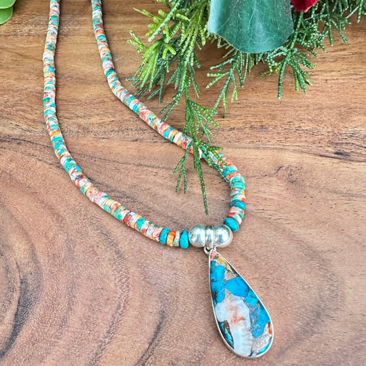 Turquoise Spiny Oyster Sterling Silver Necklace