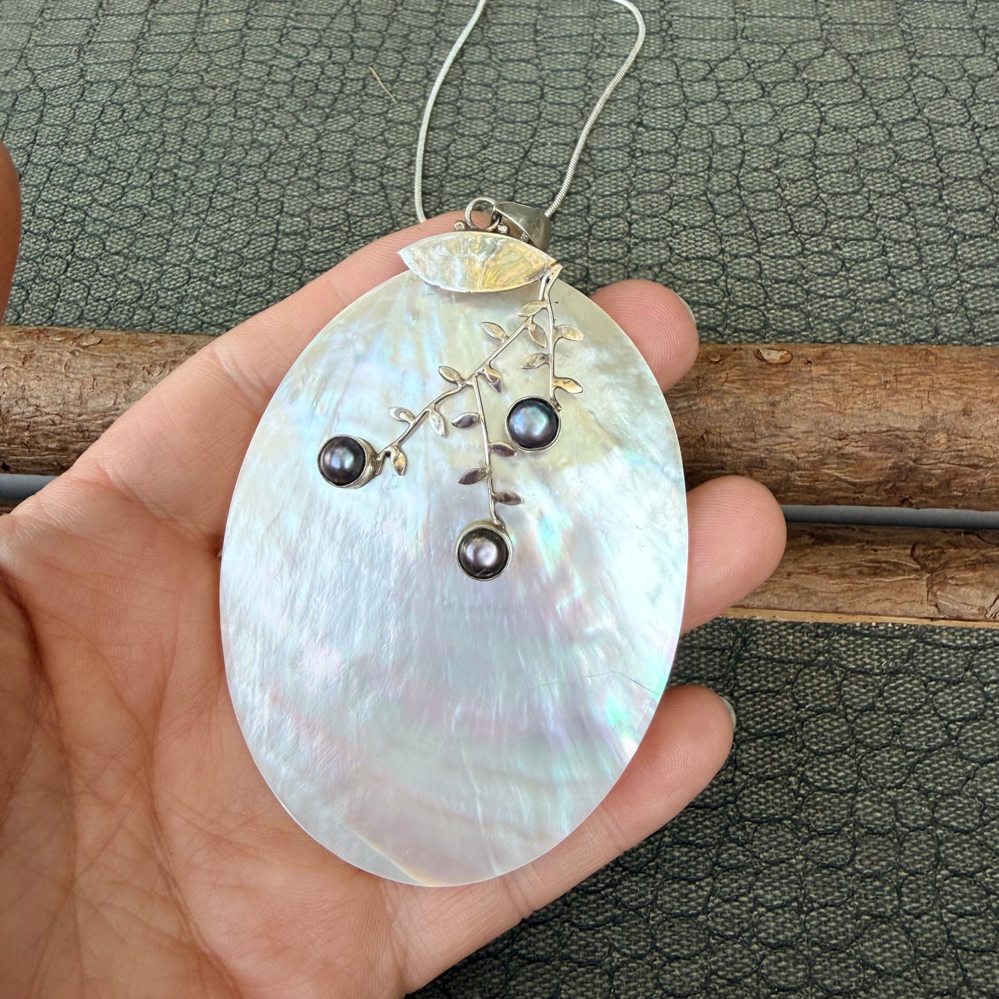 Sale - 4" Mother of Pearl Sterling Silver Pendant on 18" Sterling Silver Chain