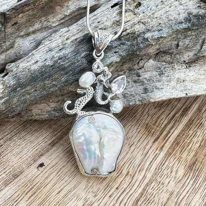 Mermaid Seahorse Baroque Pearls 2.5” Necklace