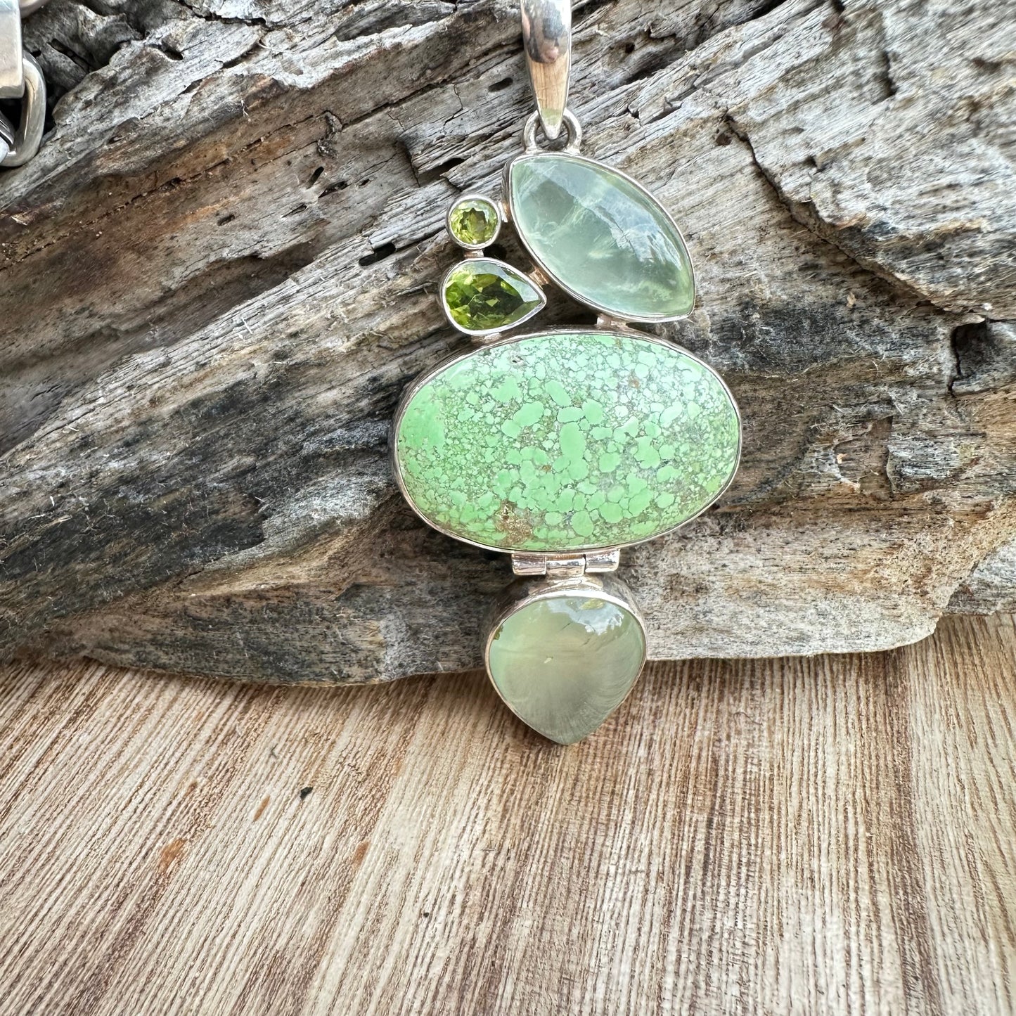 Gaspeite, Chalcedony Peridot Pendant 3” Necklace (18")