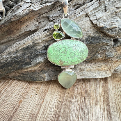 Gaspeite, Chalcedony Peridot Pendant 3” Necklace (18")