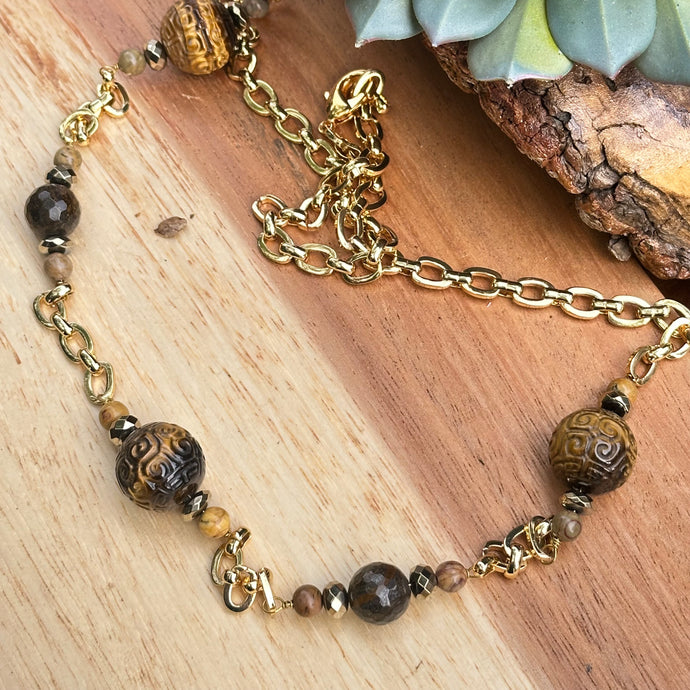 Gold Carved Tiger Eye Necklace 26”